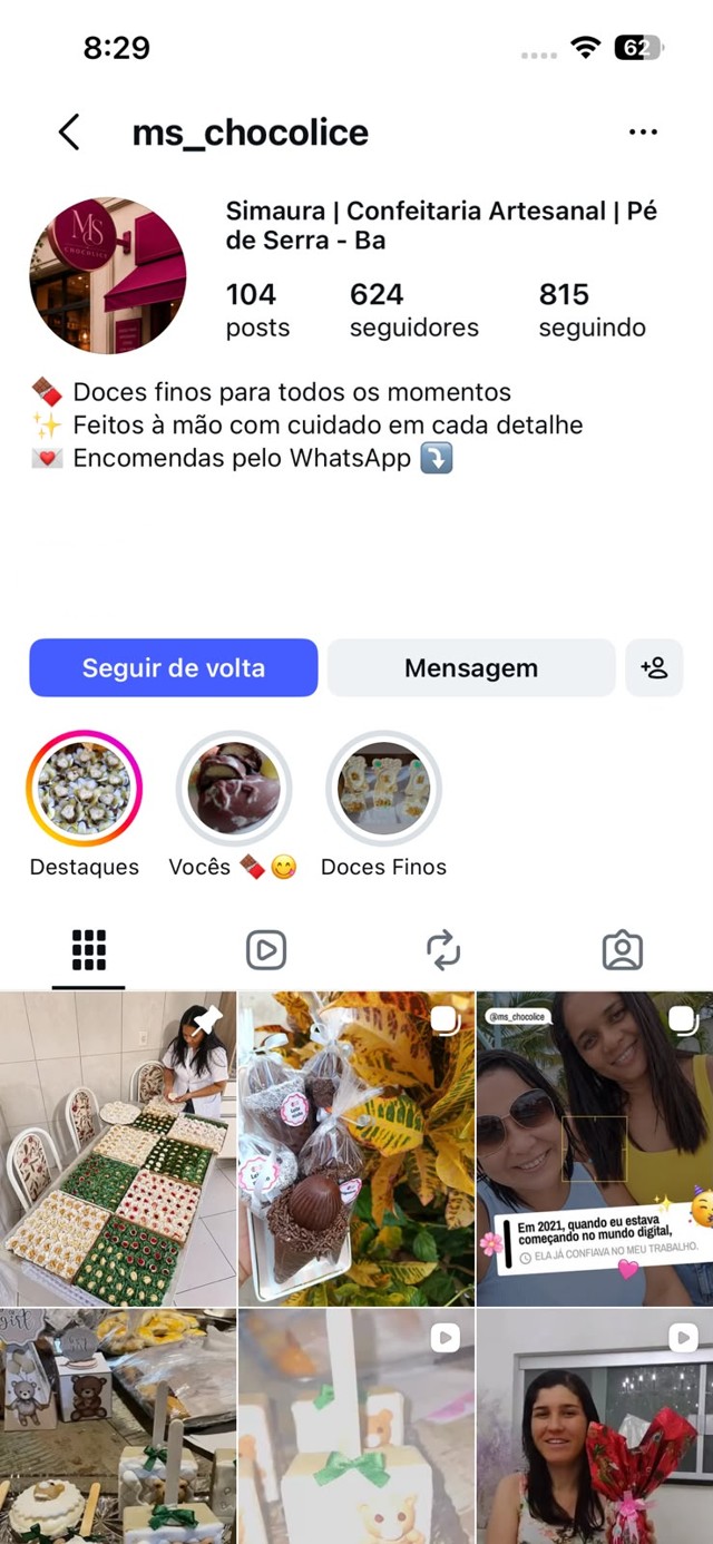 Perfil @ms_chocolice no Instagram, aplicando a Estrutura Funcionário 24h